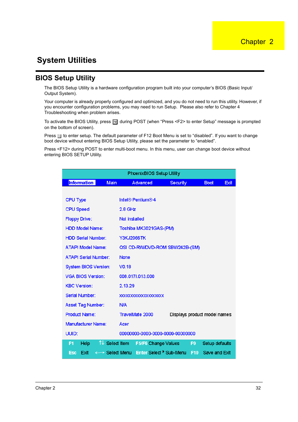 Ch.2 system utilities, Bios setup utility, System utilities | Chapter 2 | Acer 2600 User Manual | Page 37 / 126