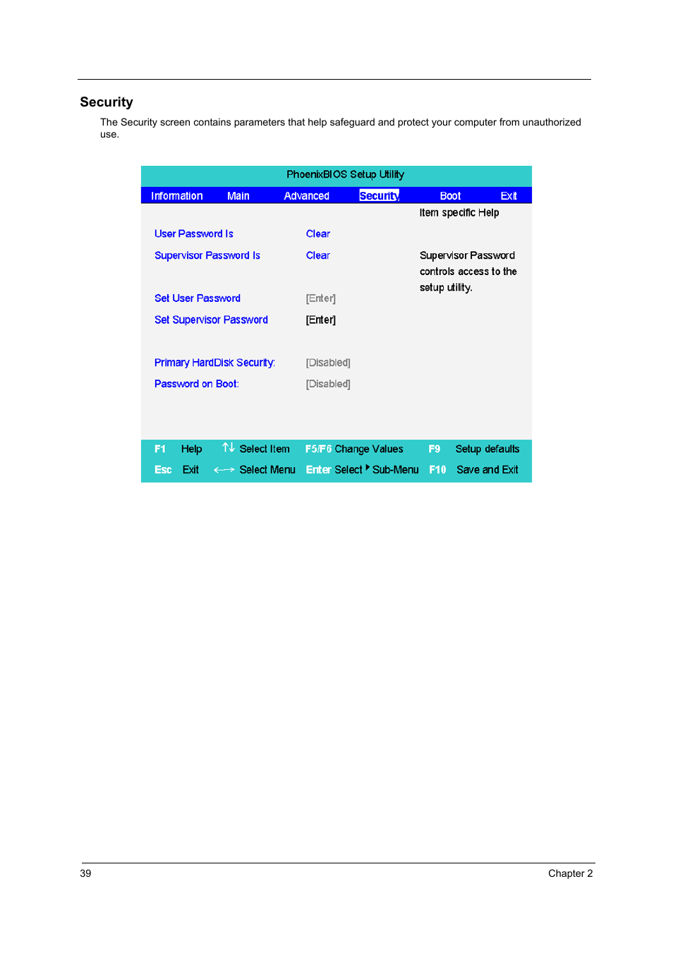 Security | Acer 2600 User Manual | Page 44 / 126