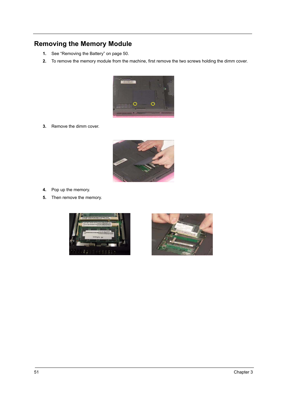 Removing the memory module | Acer 2600 User Manual | Page 56 / 126