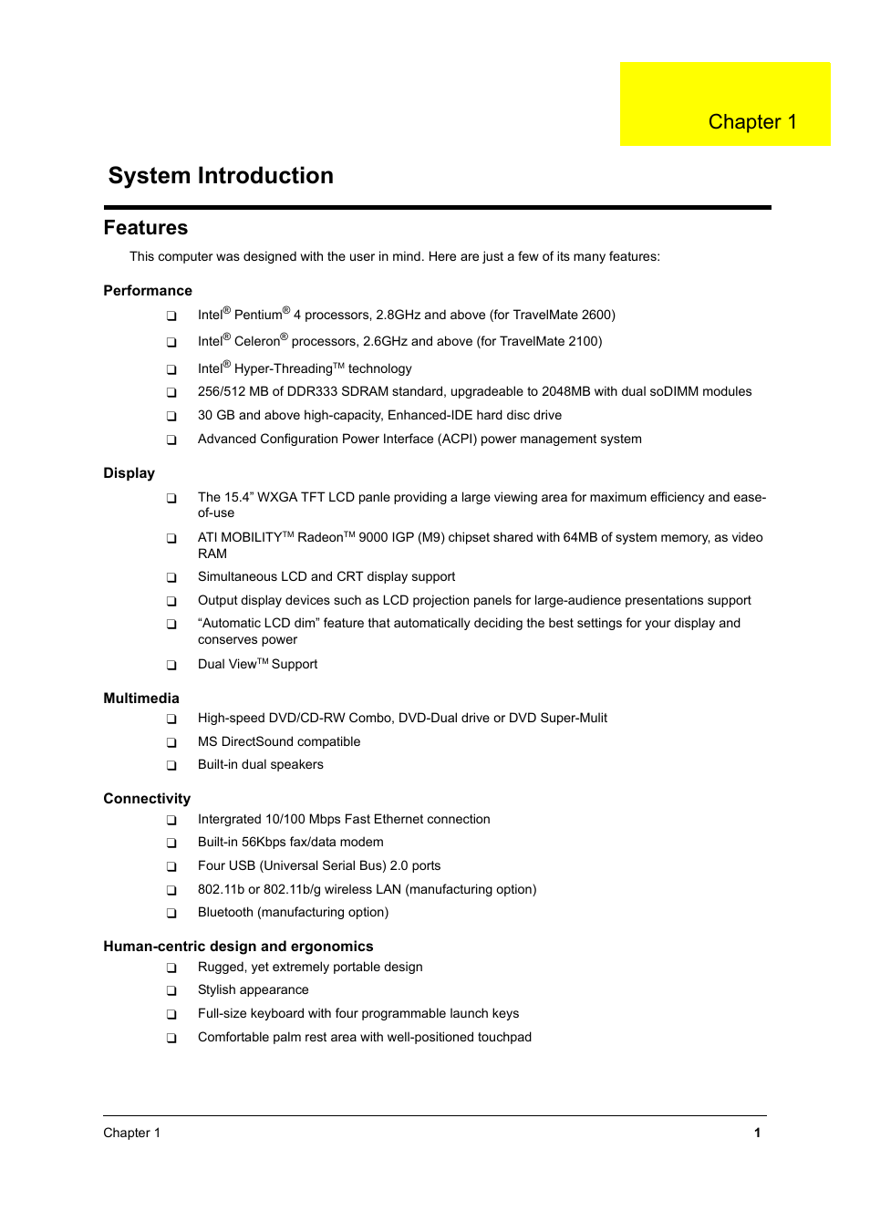 Ch.1 system introduction, Features, System introduction | Chapter 1 | Acer 2600 User Manual | Page 6 / 126