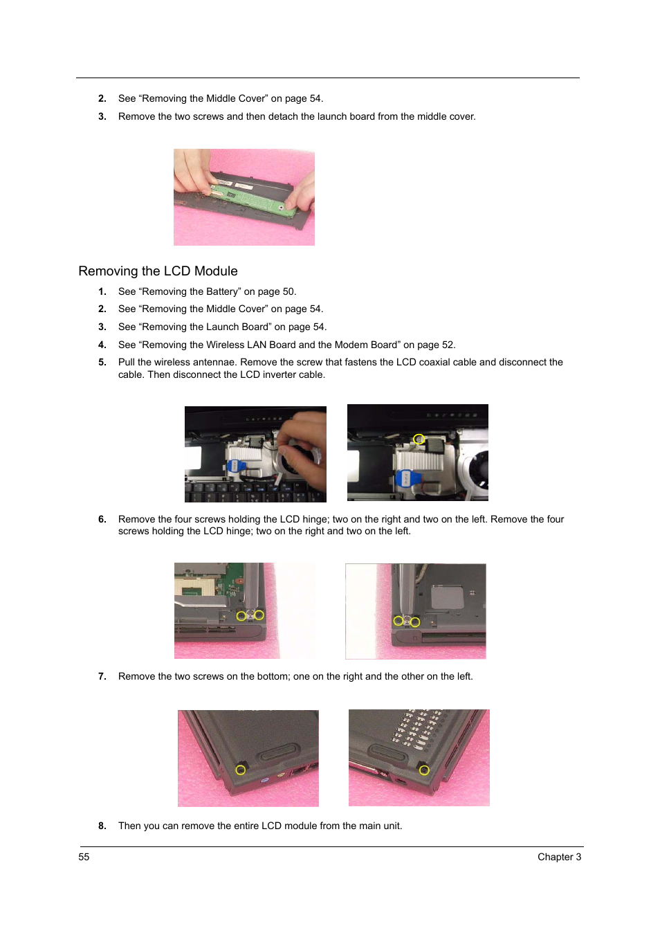 Removing the lcd module | Acer 2600 User Manual | Page 60 / 126