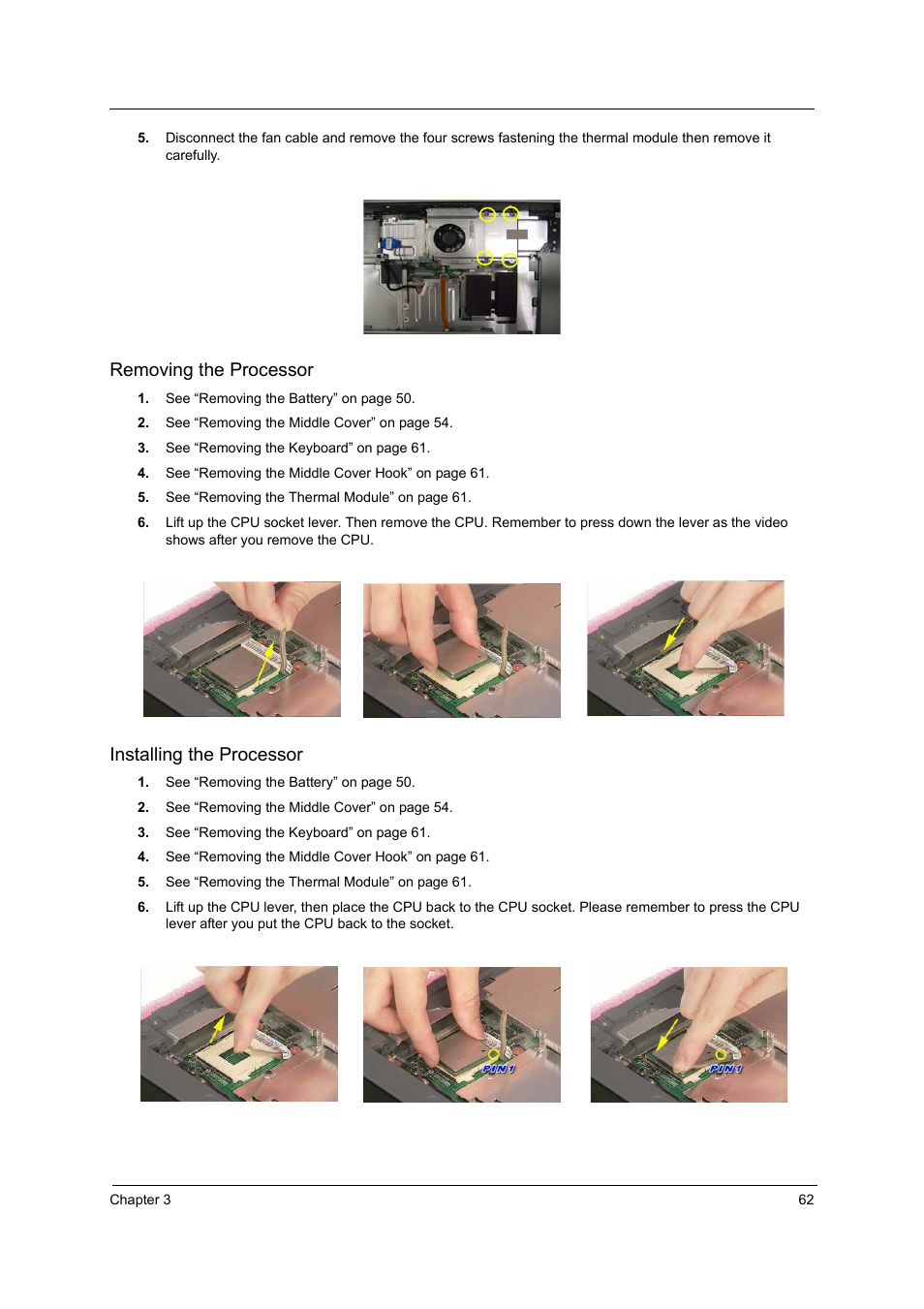 Removing the processor, Installing the processor | Acer 2600 User Manual | Page 67 / 126