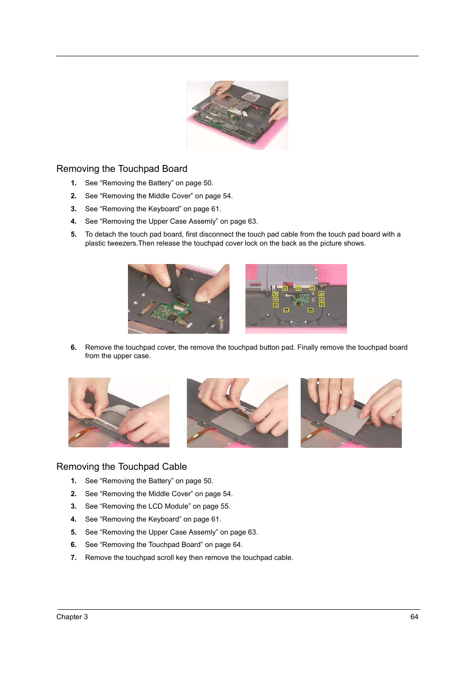 Removing the touchpad board, Removing the touchpad cable | Acer 2600 User Manual | Page 69 / 126