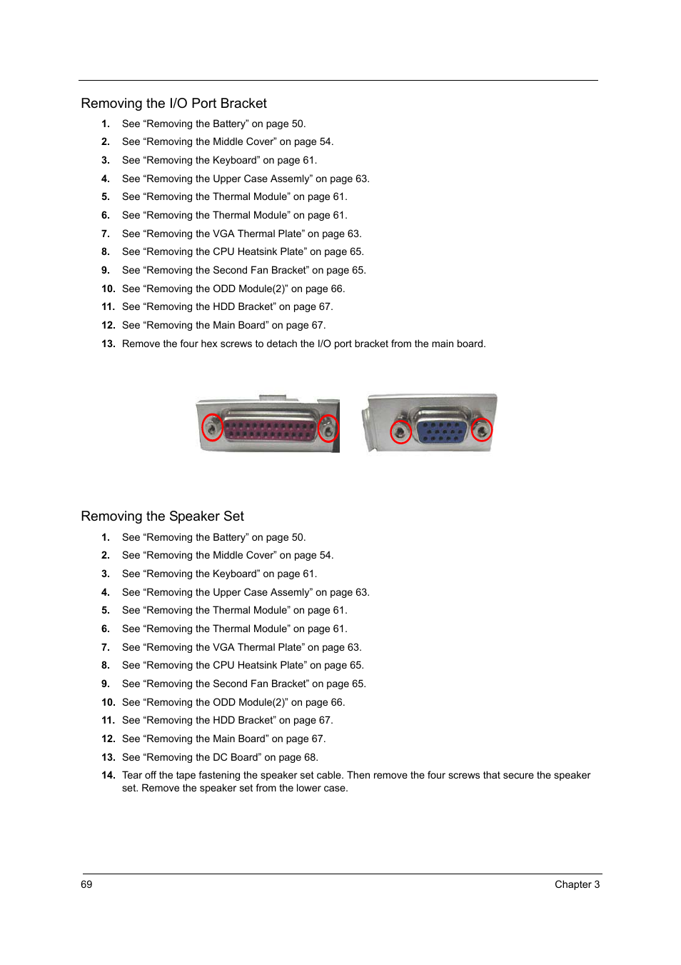 Removing the i/o port bracket, Removing the speaker set | Acer 2600 User Manual | Page 74 / 126