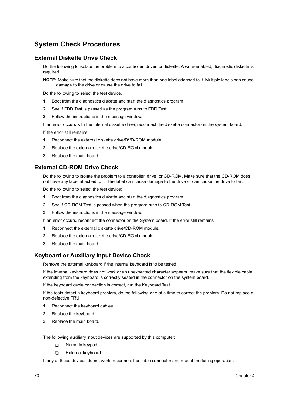 System check procedures, External diskette drive check, External cd-rom drive check | Keyboard or auxiliary input device check | Acer 2600 User Manual | Page 77 / 126