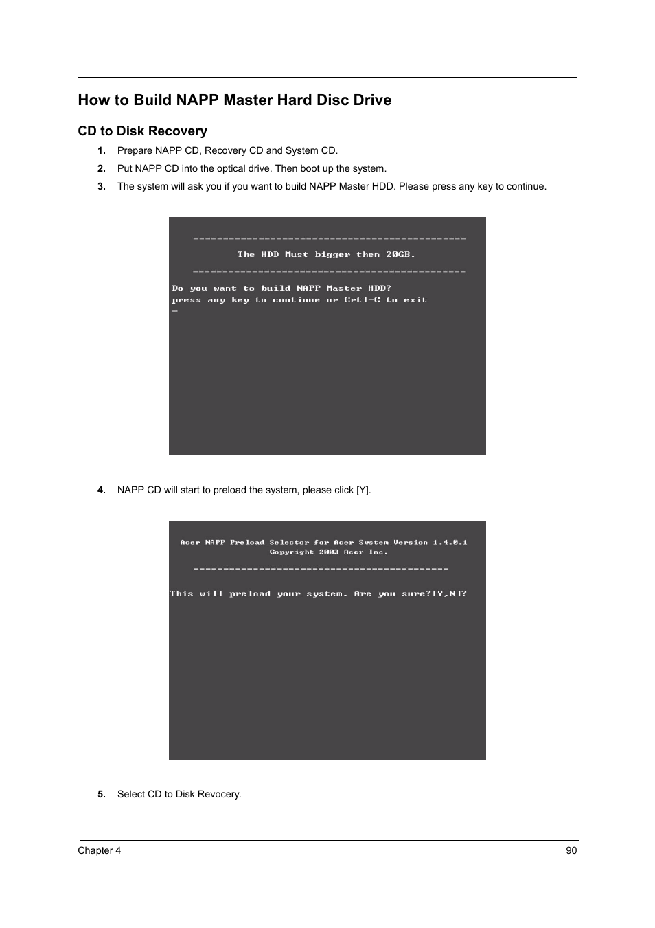 How to build napp master hard disc drive, Cd to disk recovery | Acer 2600 User Manual | Page 94 / 126