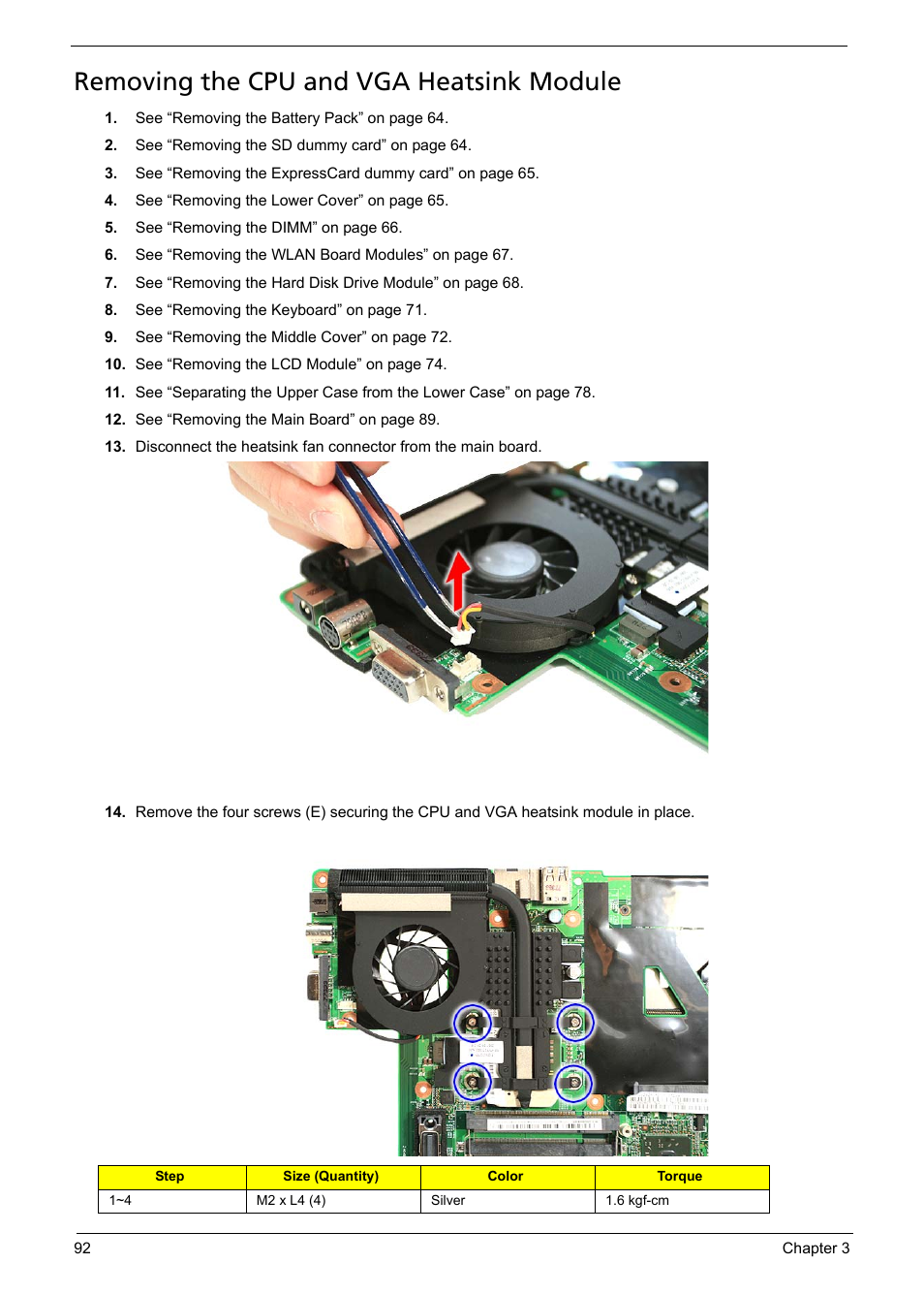 Removing the cpu and vga heatsink module | Acer 1200 User Manual | Page 102 / 166