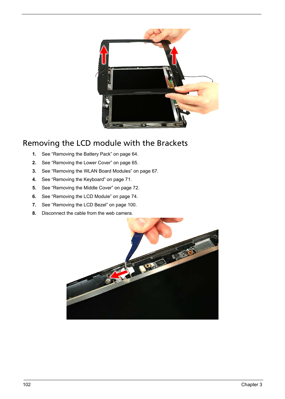 Removing the lcd module with the brackets | Acer 1200 User Manual | Page 112 / 166