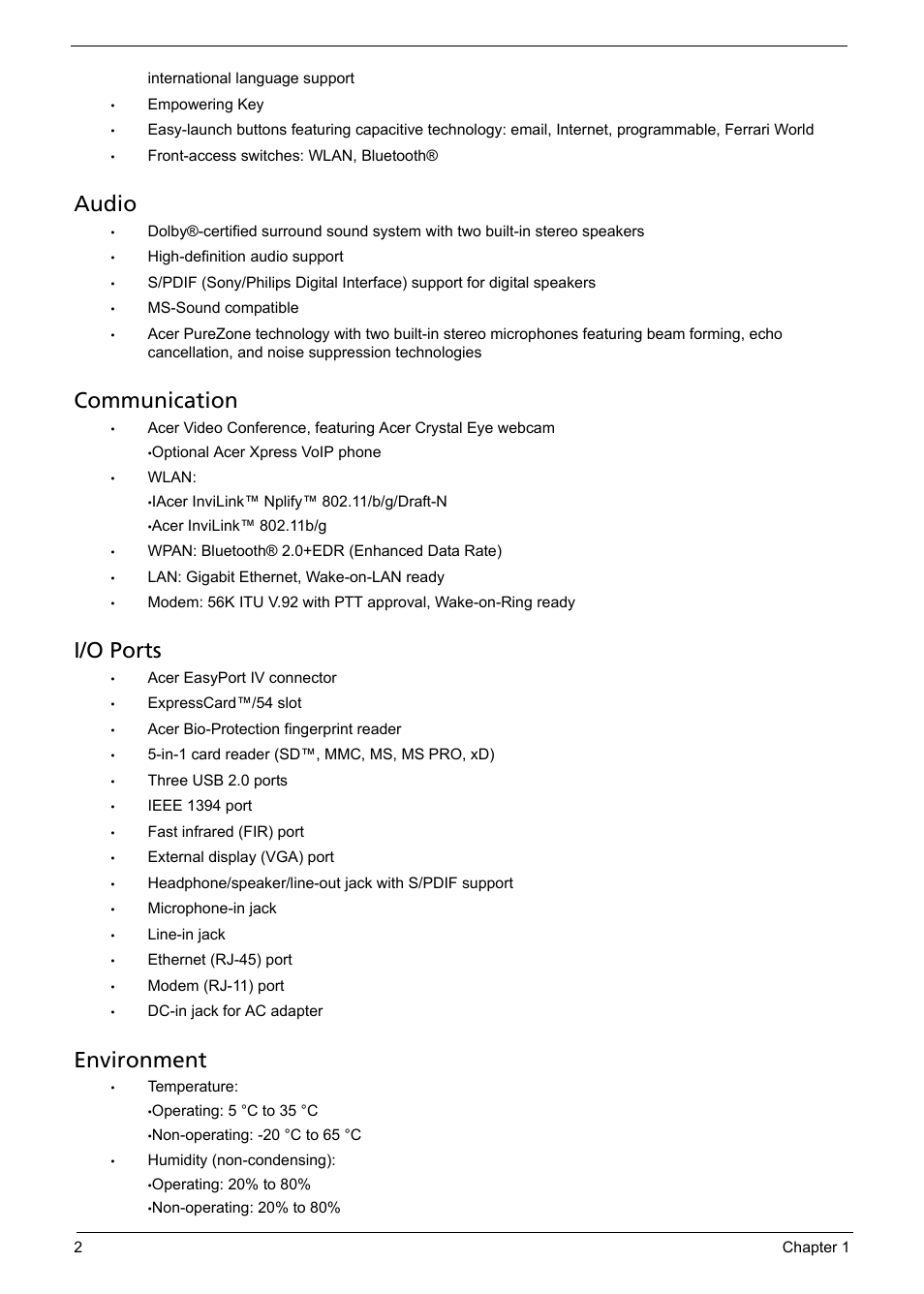 Audio, Communication, I/o ports | Environment | Acer 1200 User Manual | Page 12 / 166