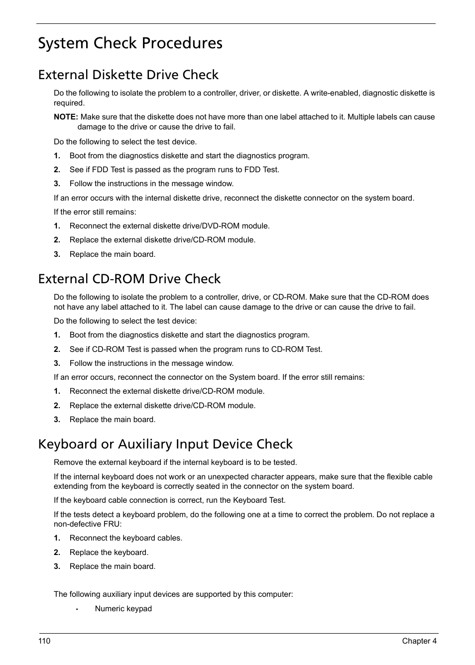 System check procedures, External diskette drive check, External cd-rom drive check | Keyboard or auxiliary input device check | Acer 1200 User Manual | Page 120 / 166