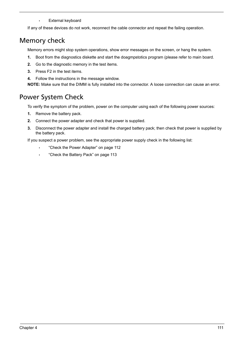 Memory check, Power system check | Acer 1200 User Manual | Page 121 / 166