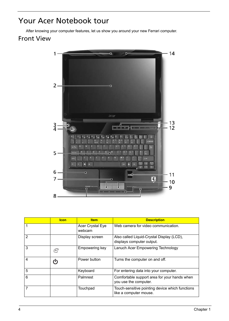 Your acer notebook tour, Front view | Acer 1200 User Manual | Page 14 / 166