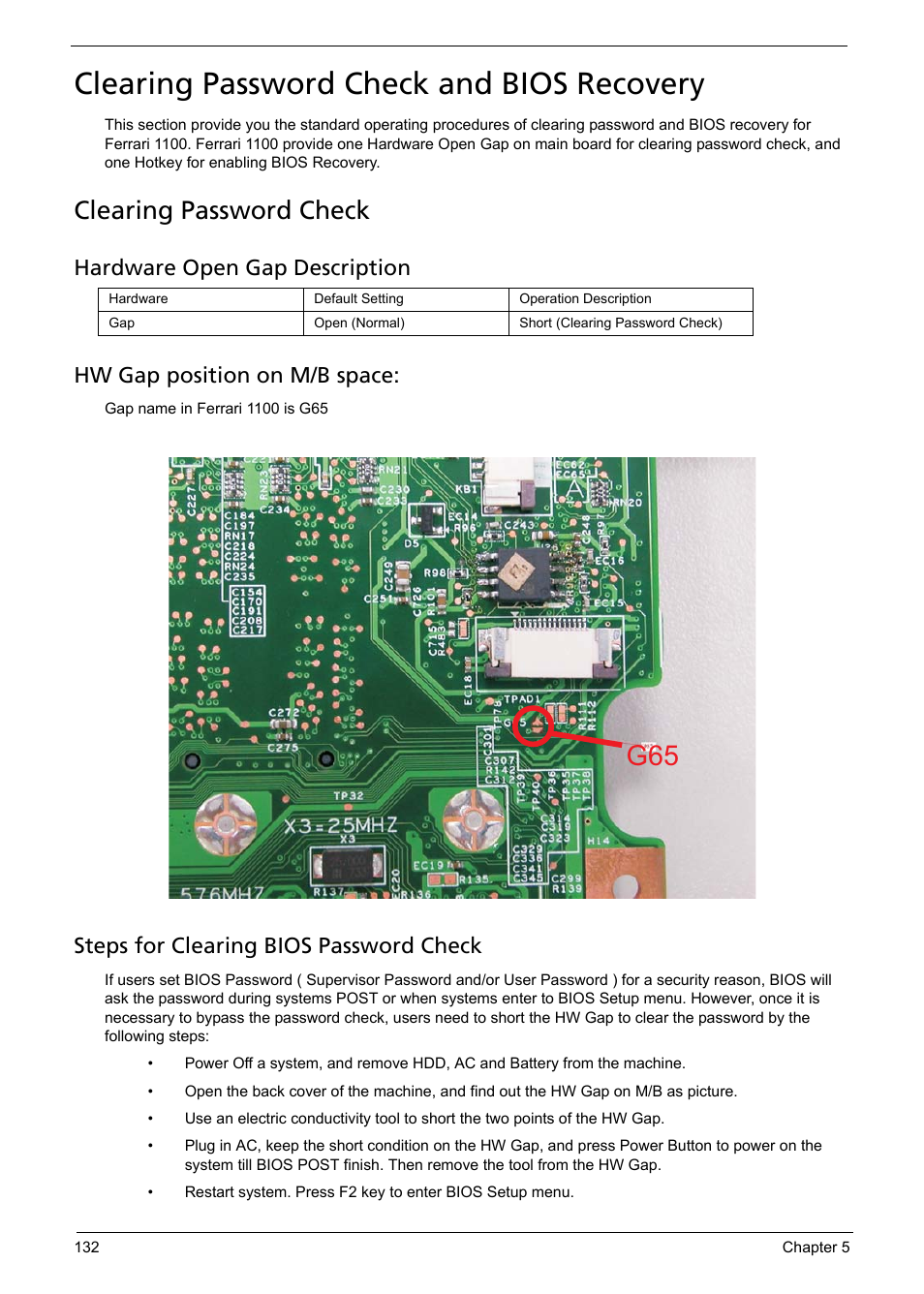 Clearing password check and bios recovery, Clearing password check, Steps for clearing bios password check | Acer 1200 User Manual | Page 142 / 166