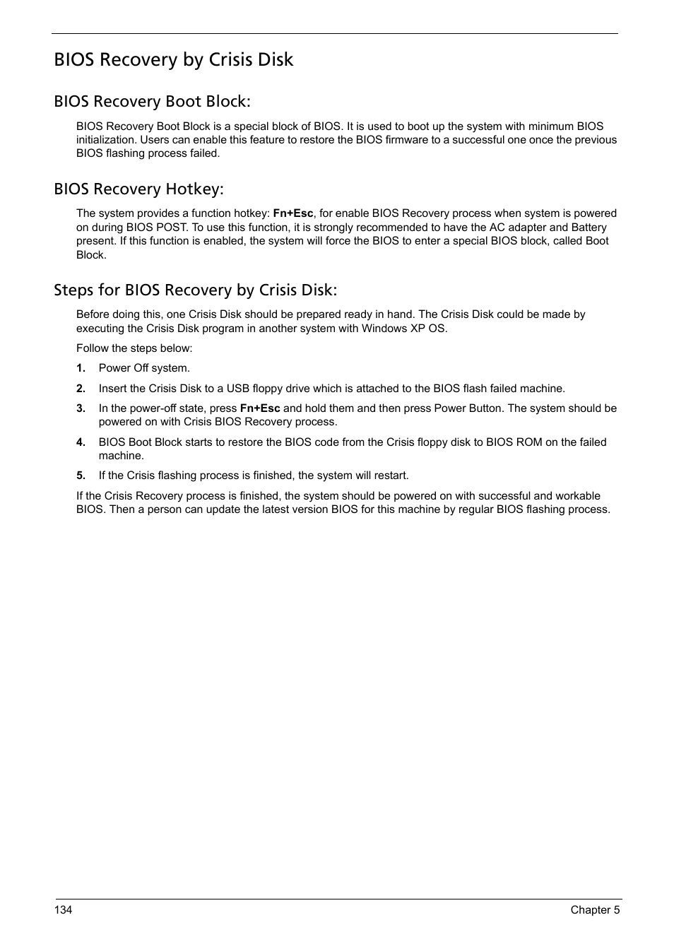 Bios recovery by crisis disk, Bios recovery boot block, Bios recovery hotkey | Steps for bios recovery by crisis disk | Acer 1200 User Manual | Page 144 / 166