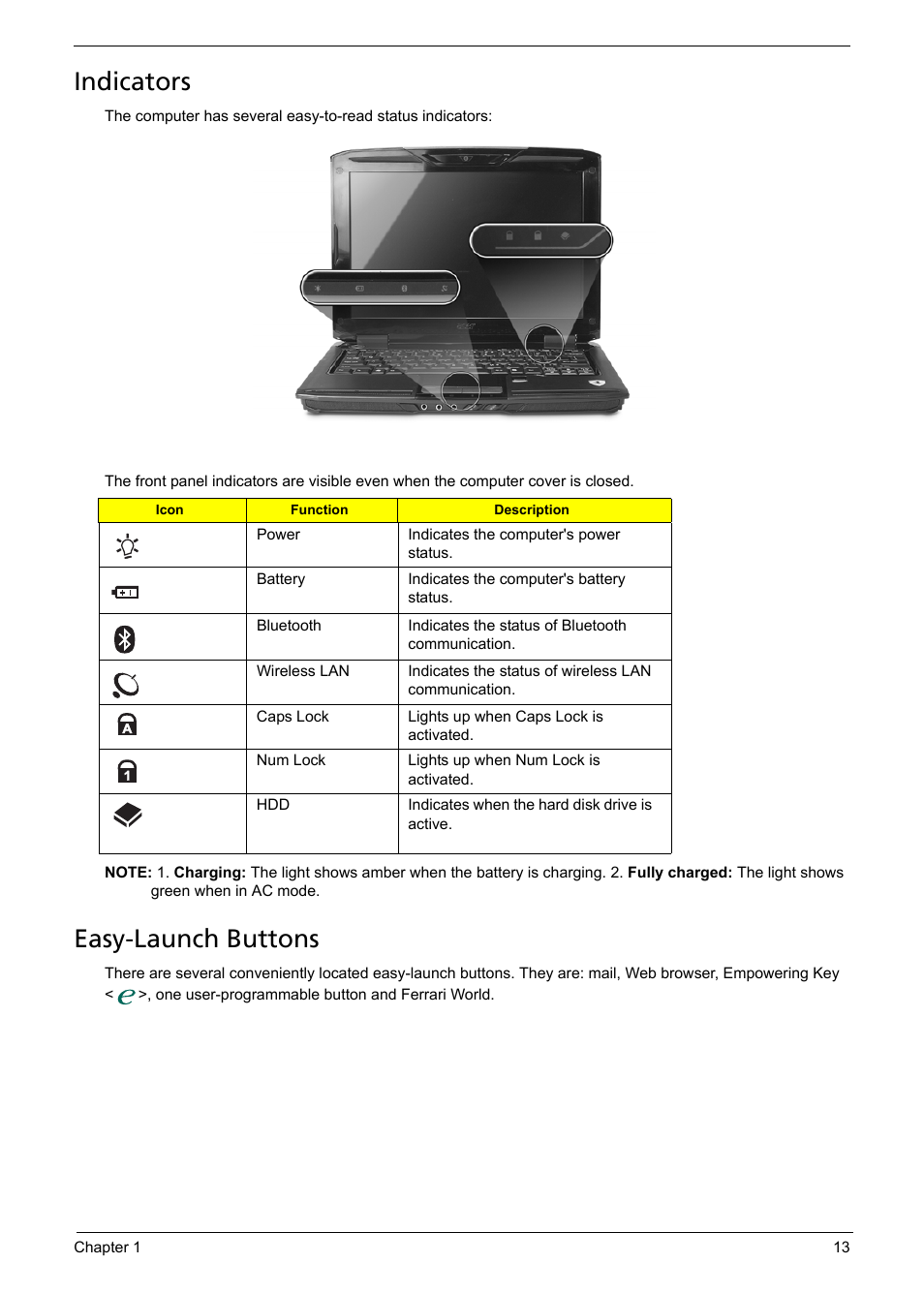 Indicators, Easy-launch buttons | Acer 1200 User Manual | Page 23 / 166