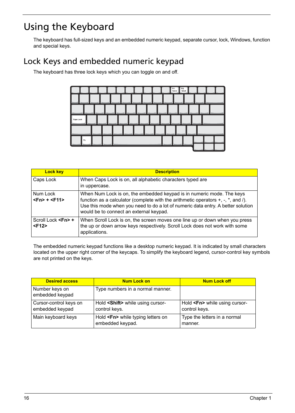 Using the keyboard, Lock keys and embedded numeric keypad | Acer 1200 User Manual | Page 26 / 166