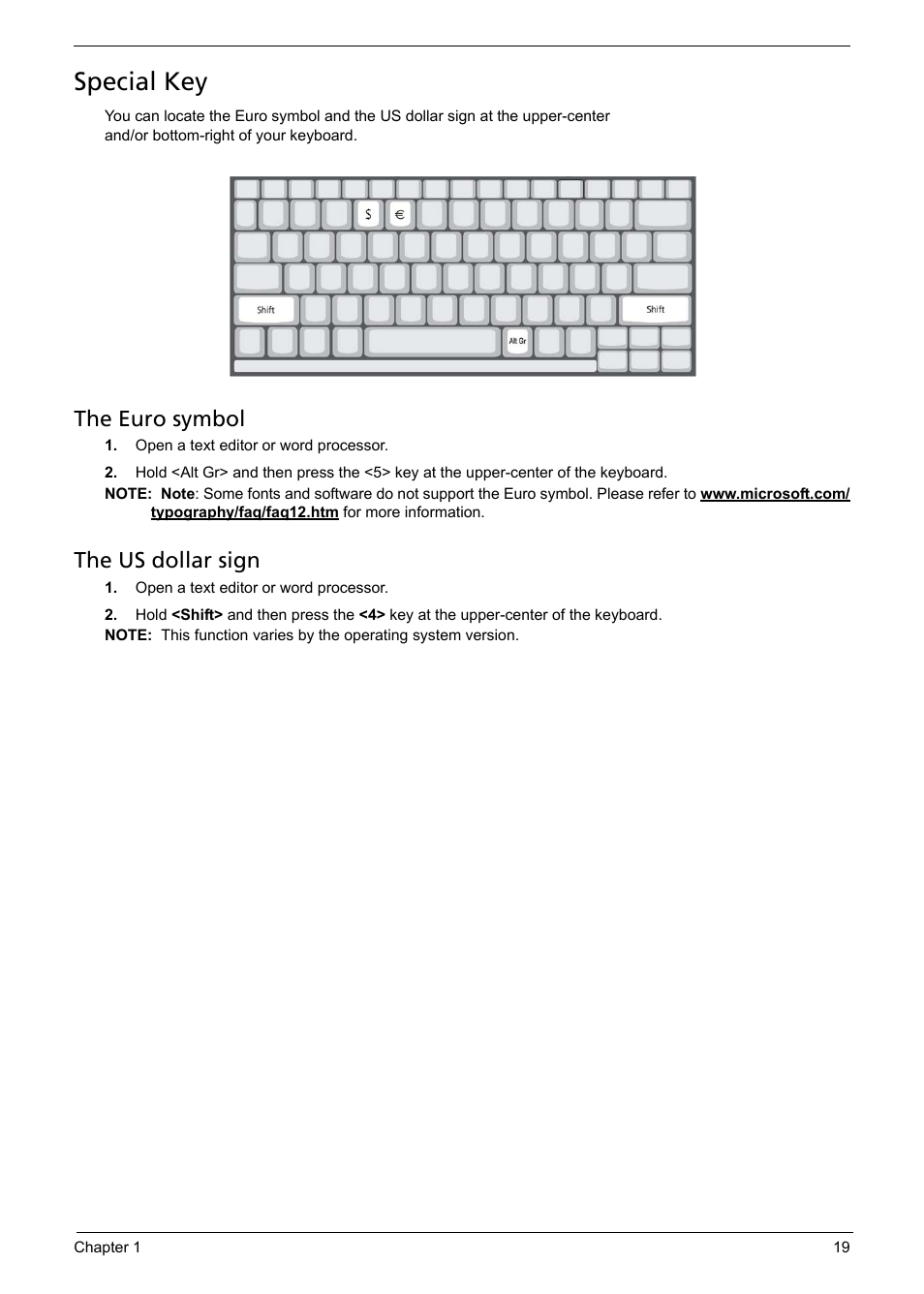 Special key, The euro symbol, The us dollar sign | Acer 1200 User Manual | Page 29 / 166