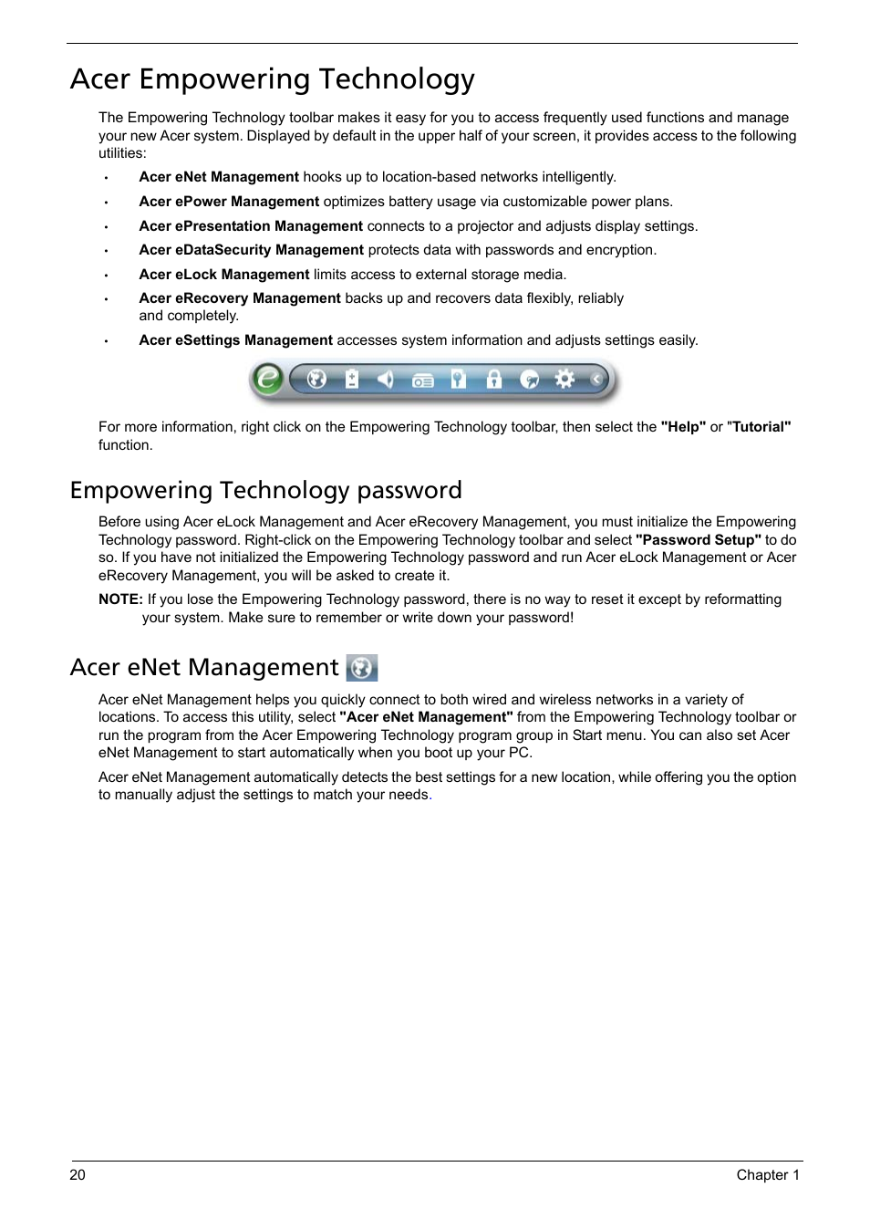 Acer empowering technology, Empowering technology password, Acer enet management | Acer 1200 User Manual | Page 30 / 166