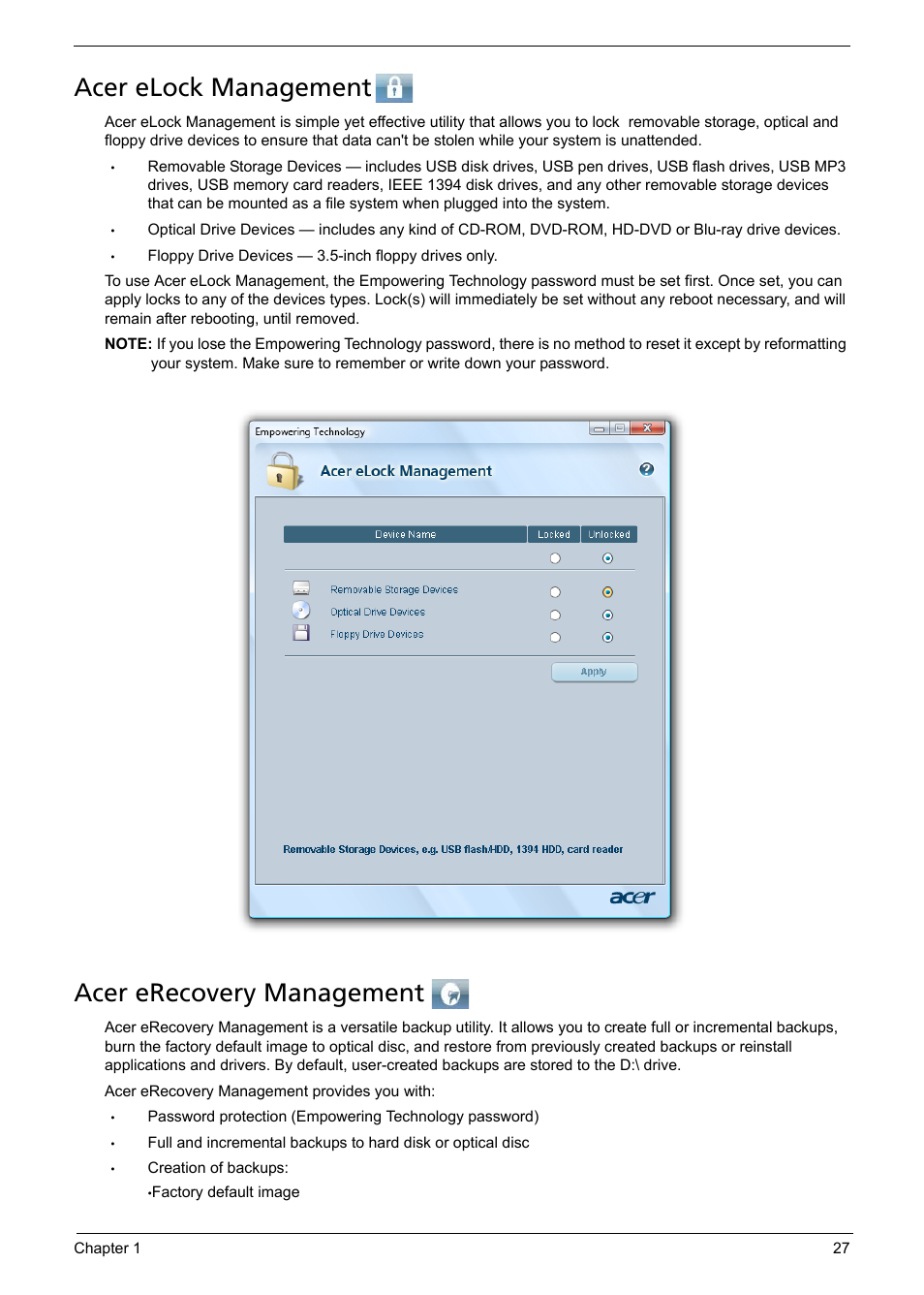 Acer elock management, Acer erecovery management | Acer 1200 User Manual | Page 37 / 166