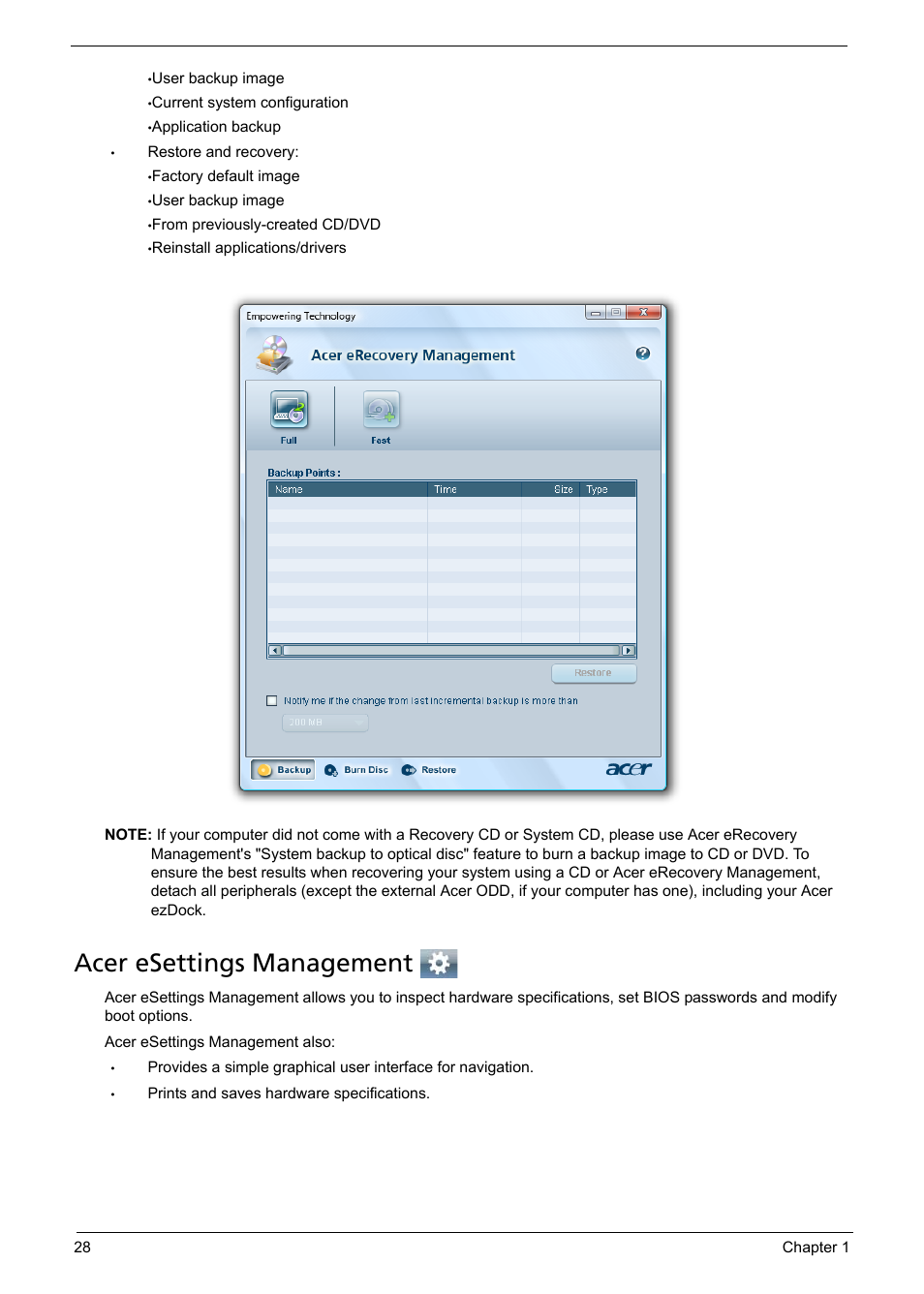 Acer esettings management | Acer 1200 User Manual | Page 38 / 166