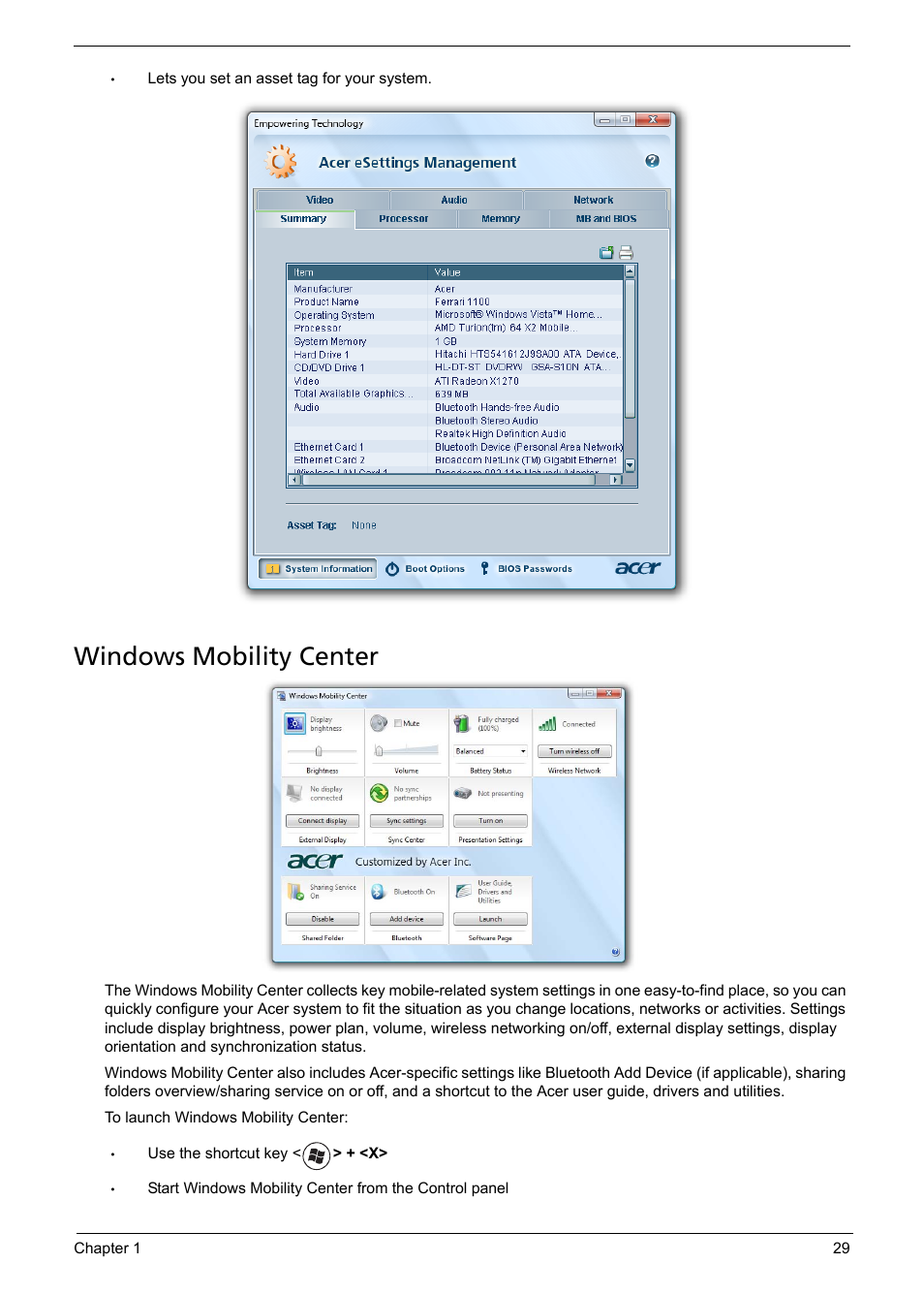 Windows mobility center | Acer 1200 User Manual | Page 39 / 166