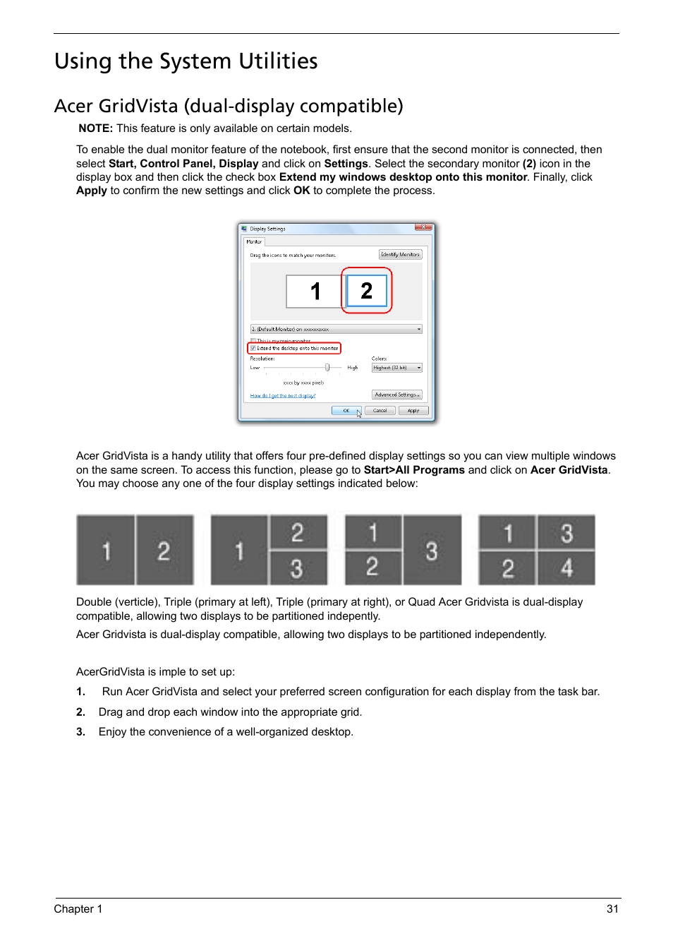 Using the system utilities, Acer gridvista (dual-display compatible) | Acer 1200 User Manual | Page 41 / 166