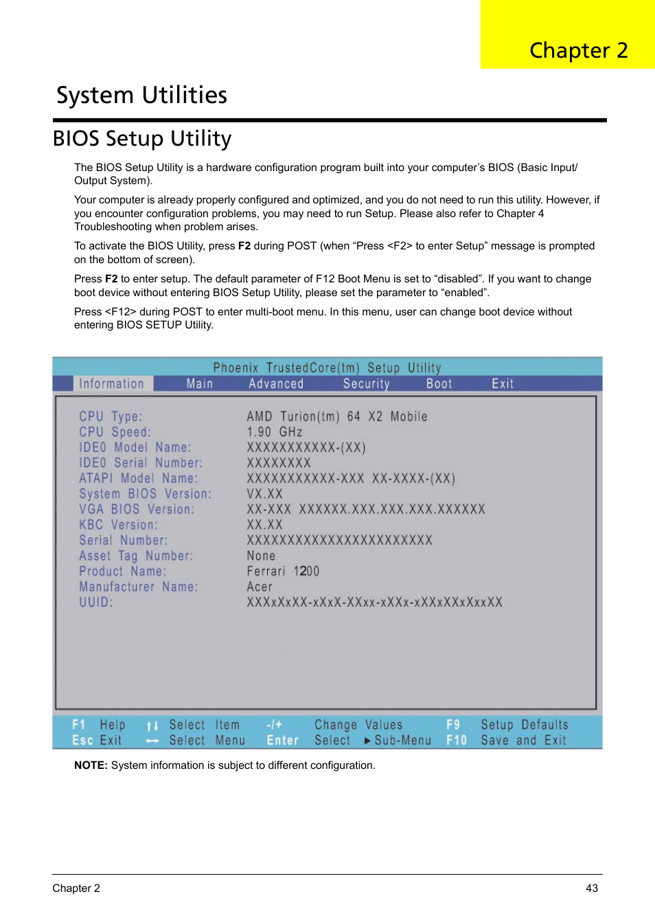 Ch.2 system utilities, Bios setup utility, System utilities | Chapter 2 | Acer 1200 User Manual | Page 53 / 166