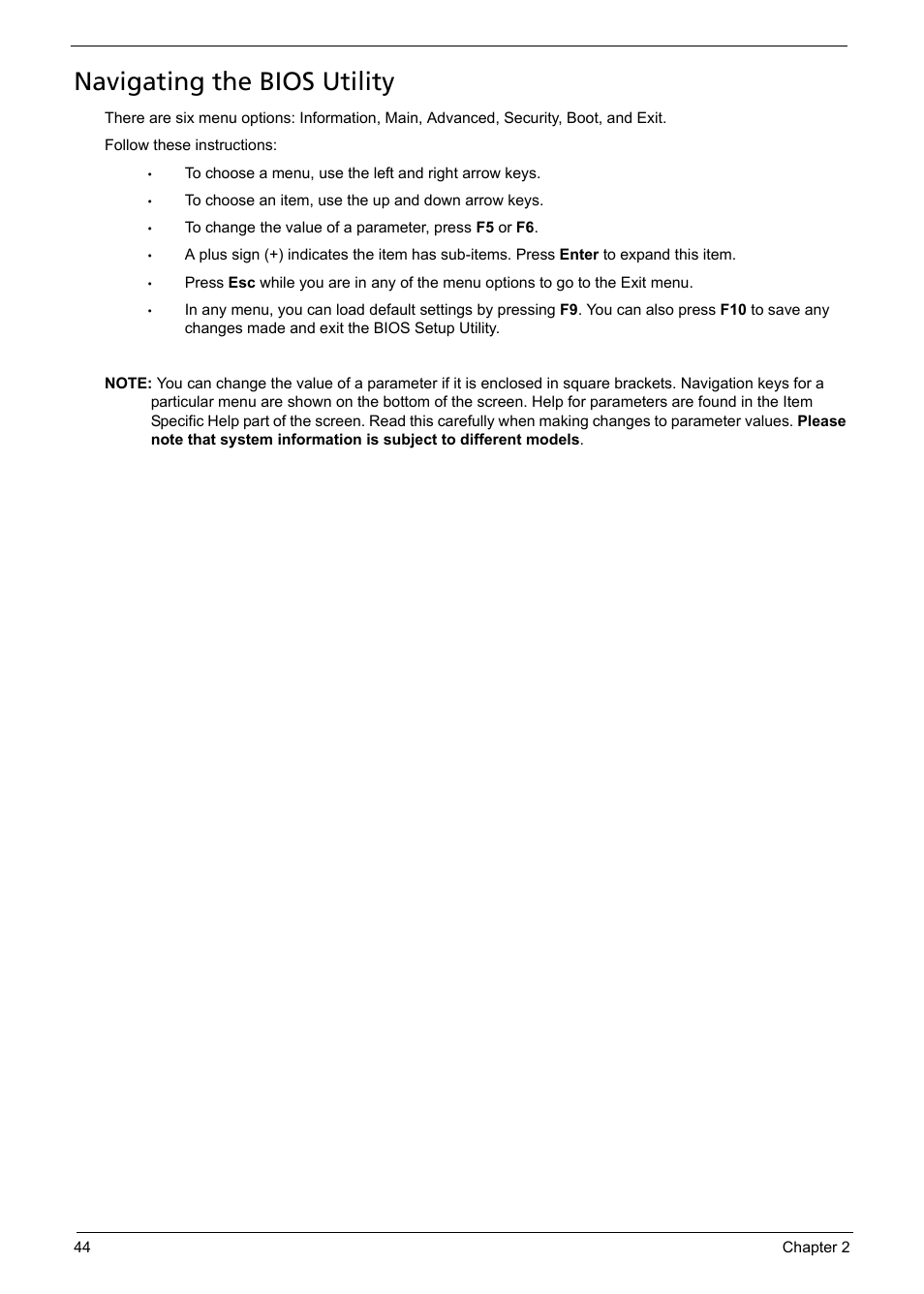 Navigating the bios utility | Acer 1200 User Manual | Page 54 / 166