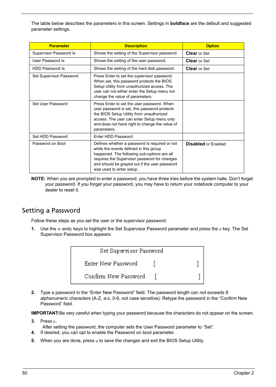 Setting a password | Acer 1200 User Manual | Page 60 / 166