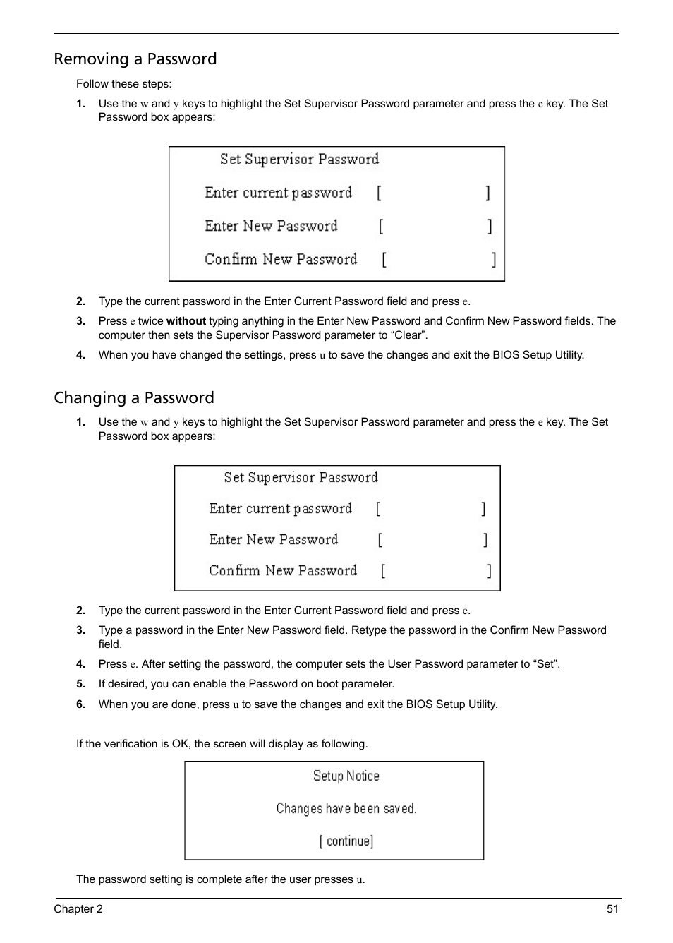 Removing a password, Changing a password | Acer 1200 User Manual | Page 61 / 166