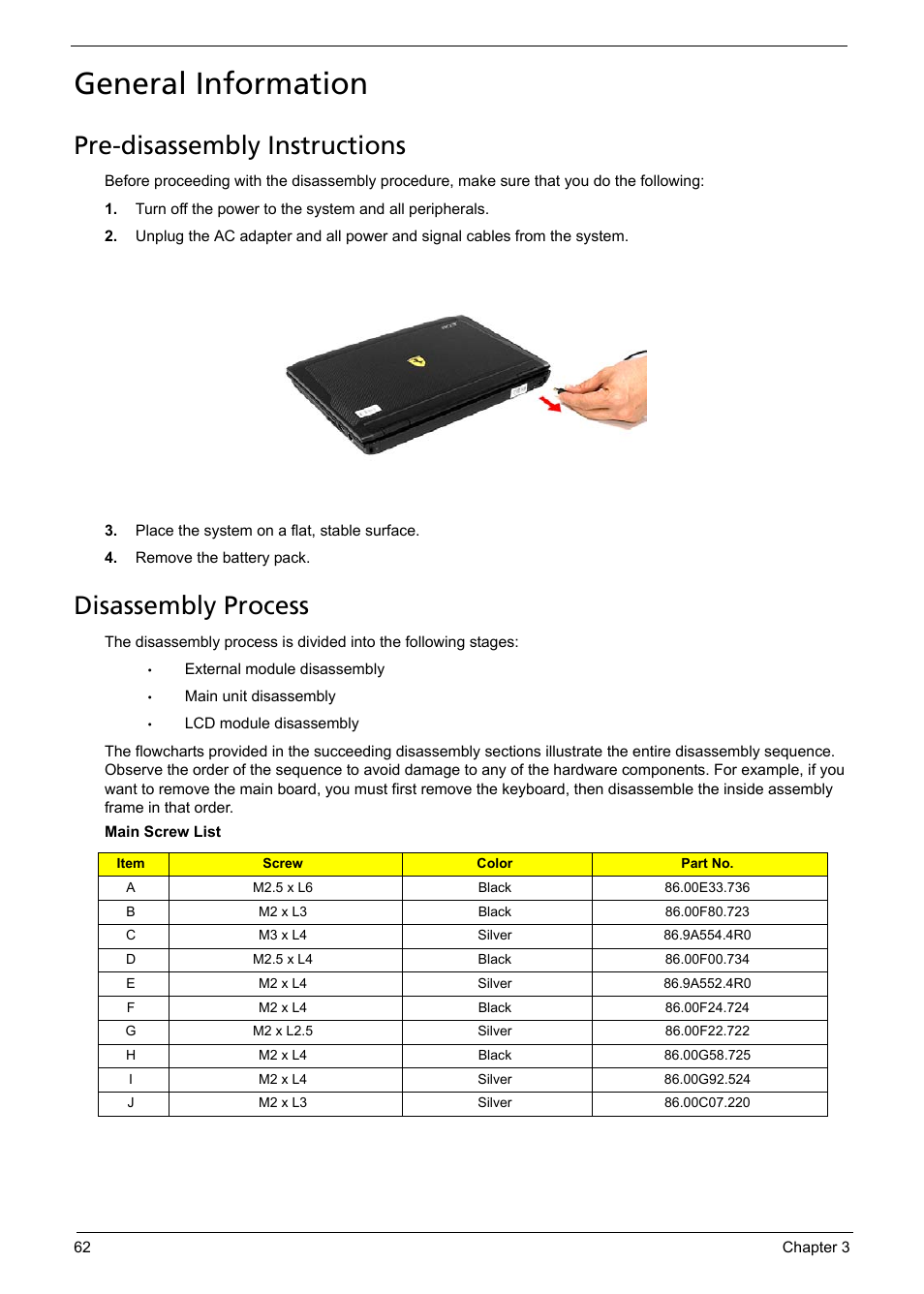 General information, Pre-disassembly instructions, Disassembly process | Acer 1200 User Manual | Page 72 / 166