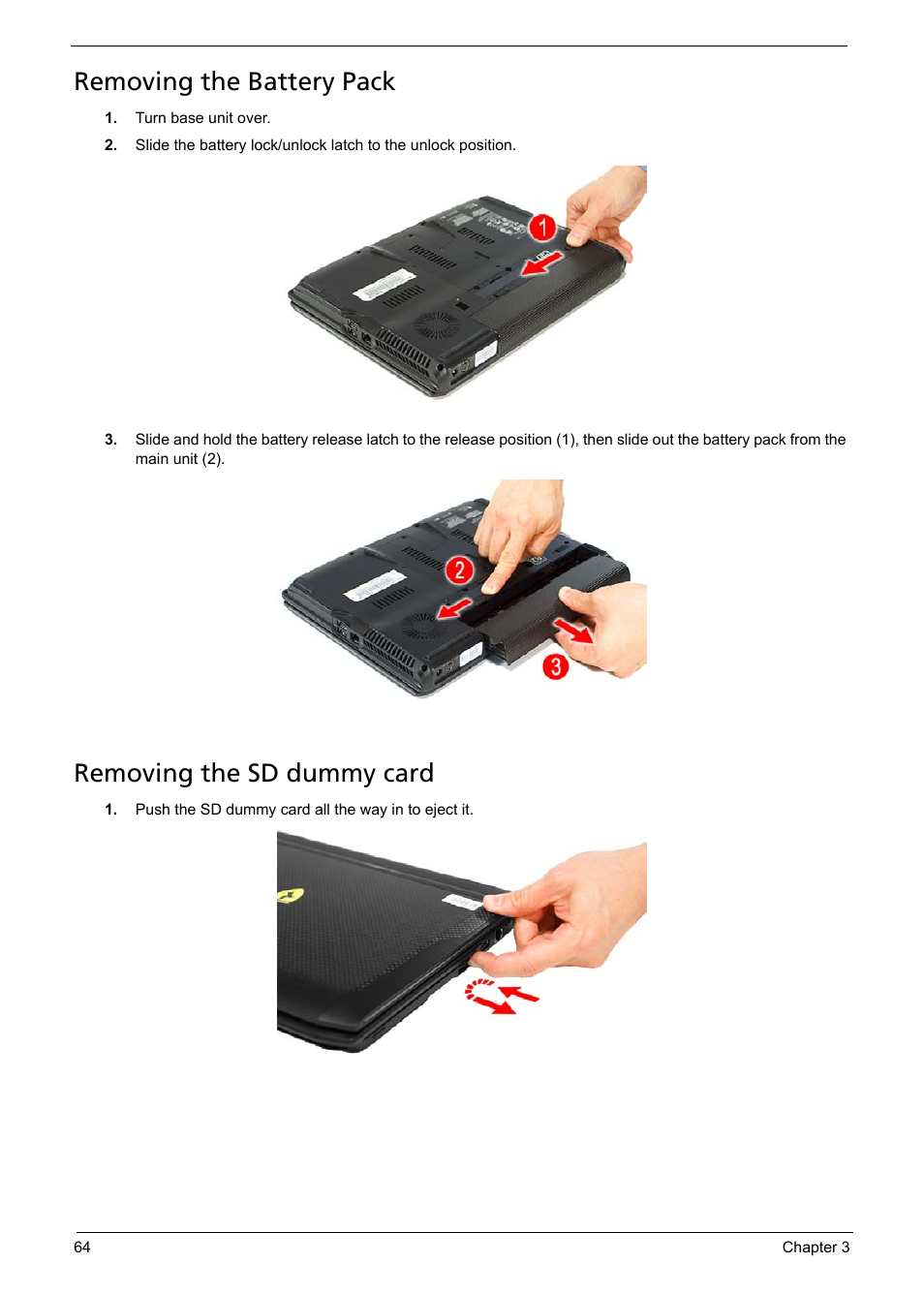 Removing the battery pack, Removing the sd dummy card | Acer 1200 User Manual | Page 74 / 166