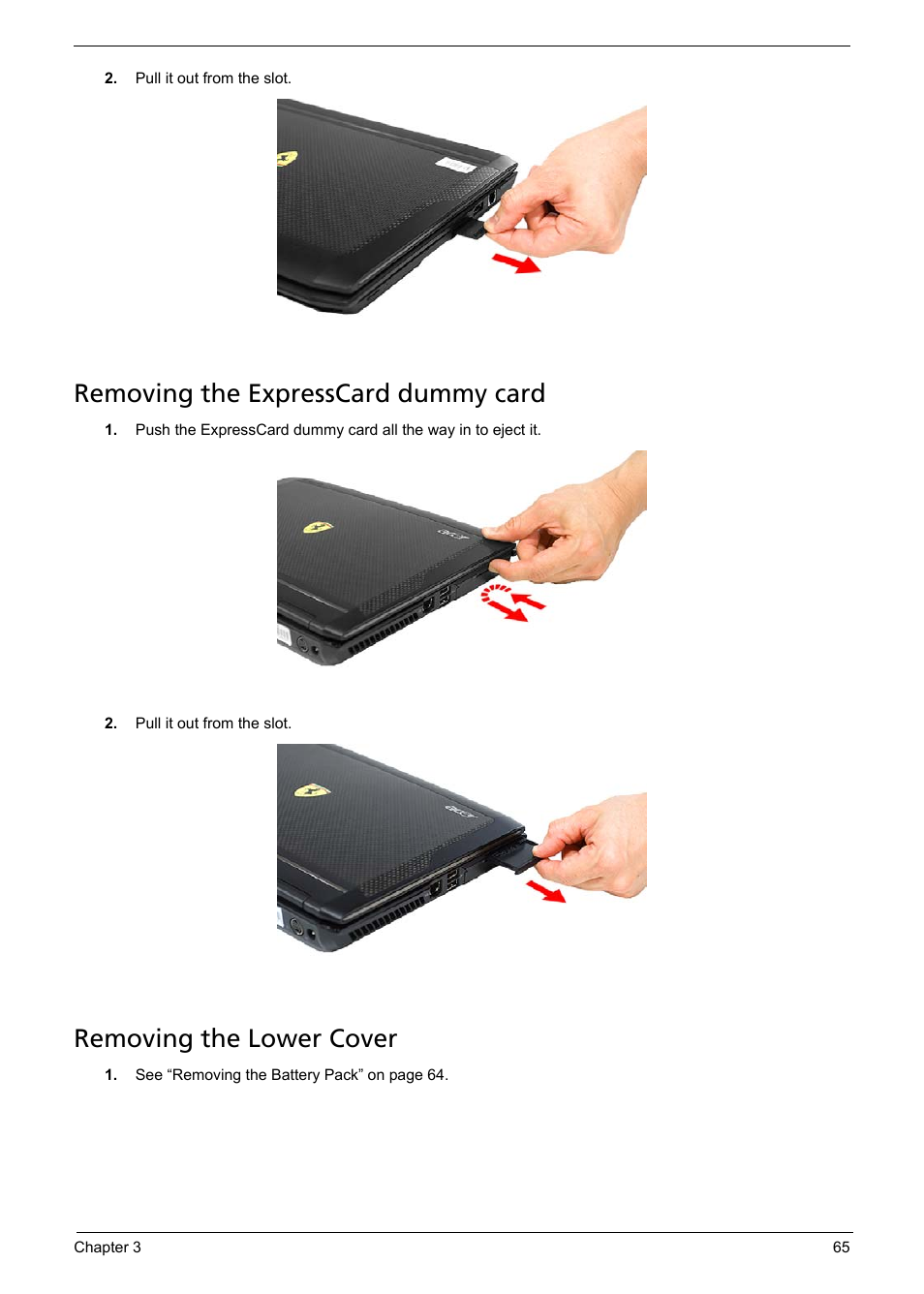 Removing the expresscard dummy card, Removing the lower cover | Acer 1200 User Manual | Page 75 / 166