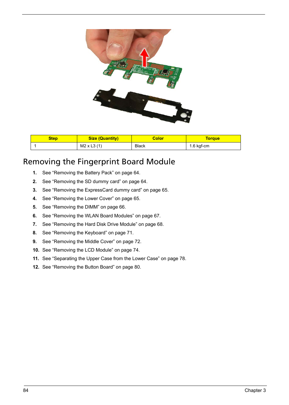 Removing the fingerprint board module | Acer 1200 User Manual | Page 94 / 166