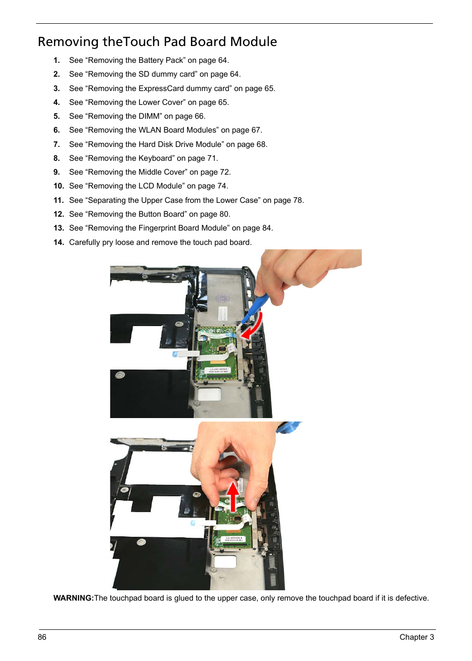 Removing thetouch pad board module | Acer 1200 User Manual | Page 96 / 166