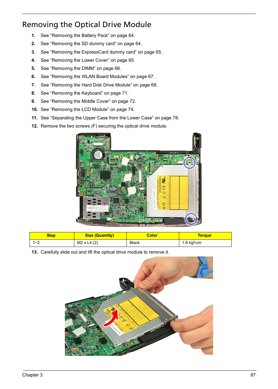 Removing the optical drive module | Acer 1200 User Manual | Page 97 / 166