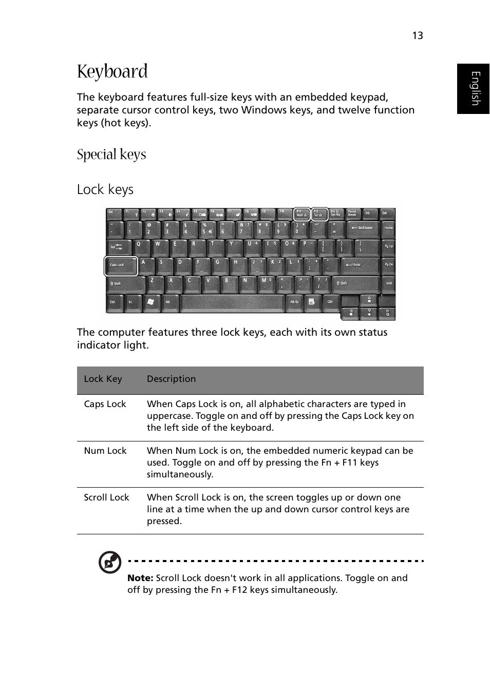 Keyboard, Special keys, Lock keys | Acer 1510 Series User Manual | Page 23 / 99