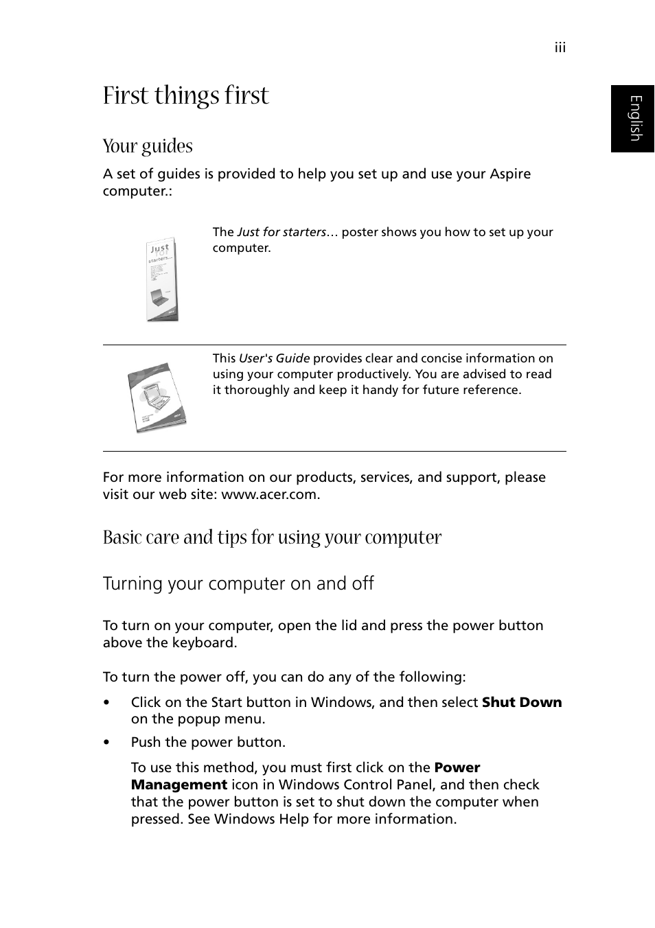 First things first, Your guides, Basic care and tips for using your computer | Turning your computer on and off | Acer 1510 Series User Manual | Page 3 / 99