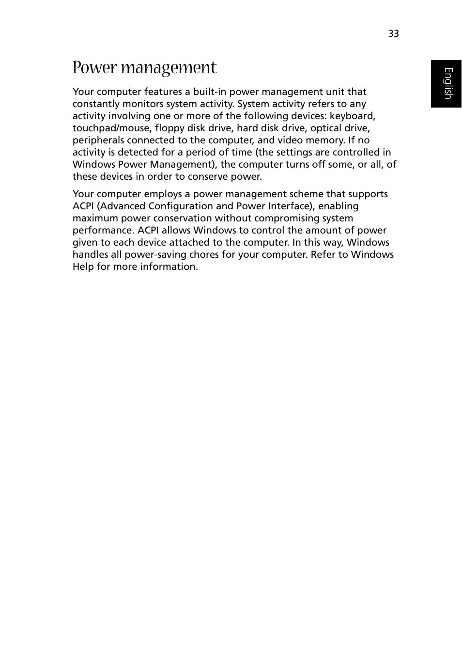 Power management | Acer 1510 Series User Manual | Page 43 / 99