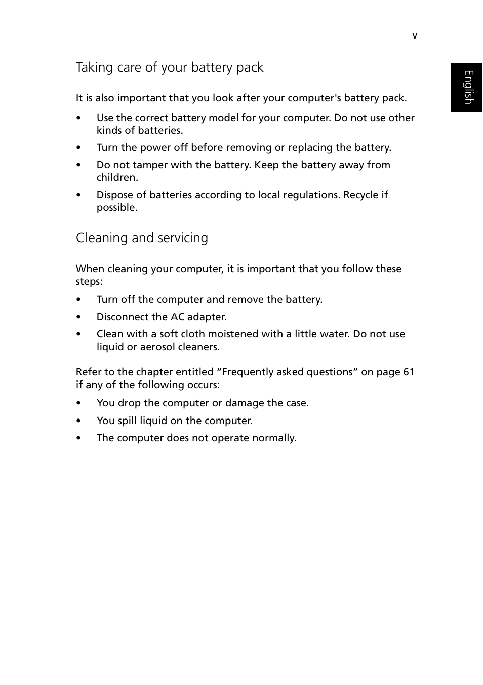 Taking care of your battery pack, Cleaning and servicing | Acer 1510 Series User Manual | Page 5 / 99