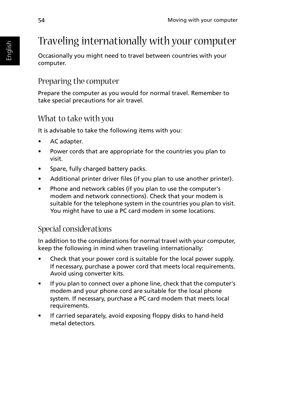 Traveling internationally with your computer, Preparing the computer, What to take with you | Special considerations | Acer 1510 Series User Manual | Page 64 / 99
