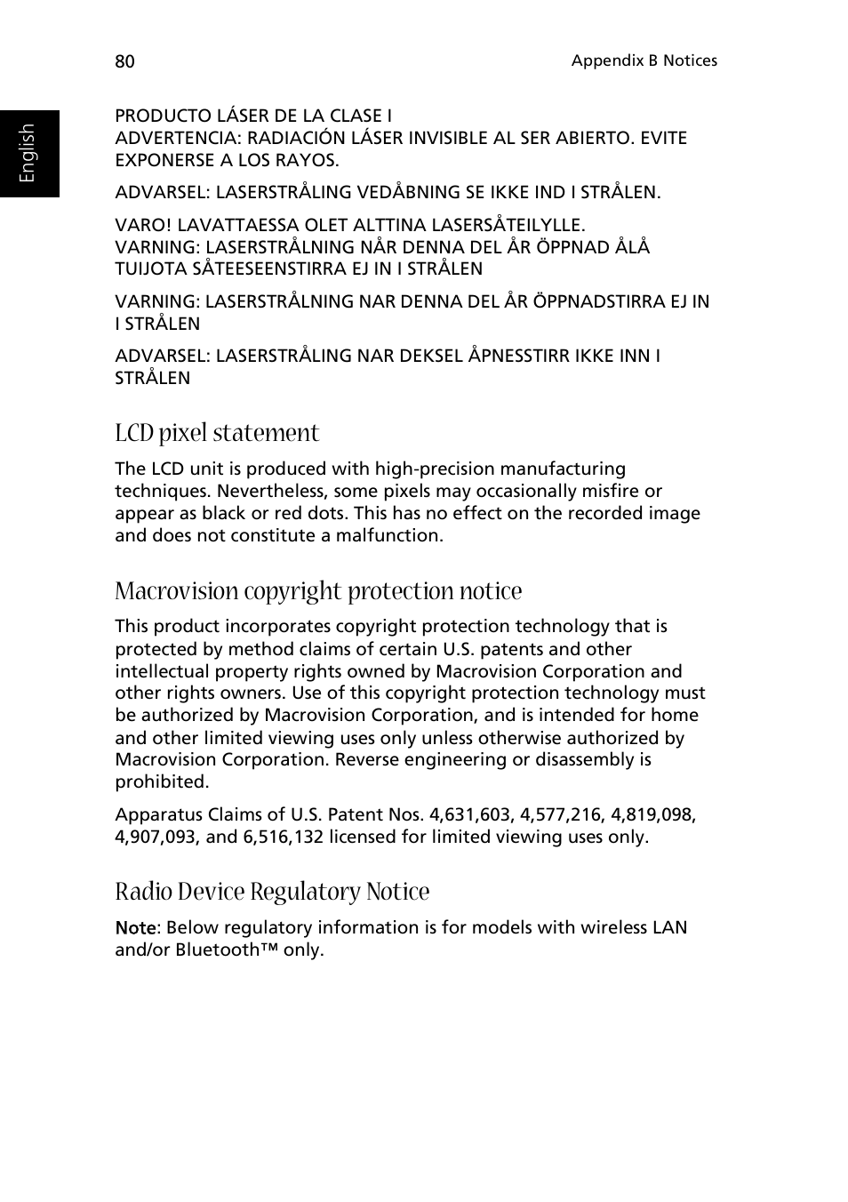 Lcd pixel statement, Macrovision copyright protection notice, Radio device regulatory notice | Acer 1510 Series User Manual | Page 90 / 99