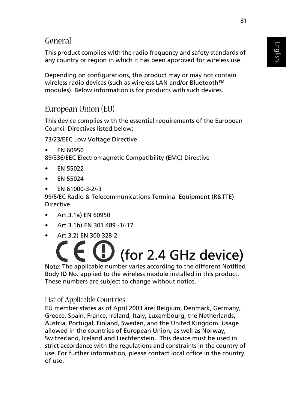 General, European union (eu), List of applicable countries | Acer 1510 Series User Manual | Page 91 / 99