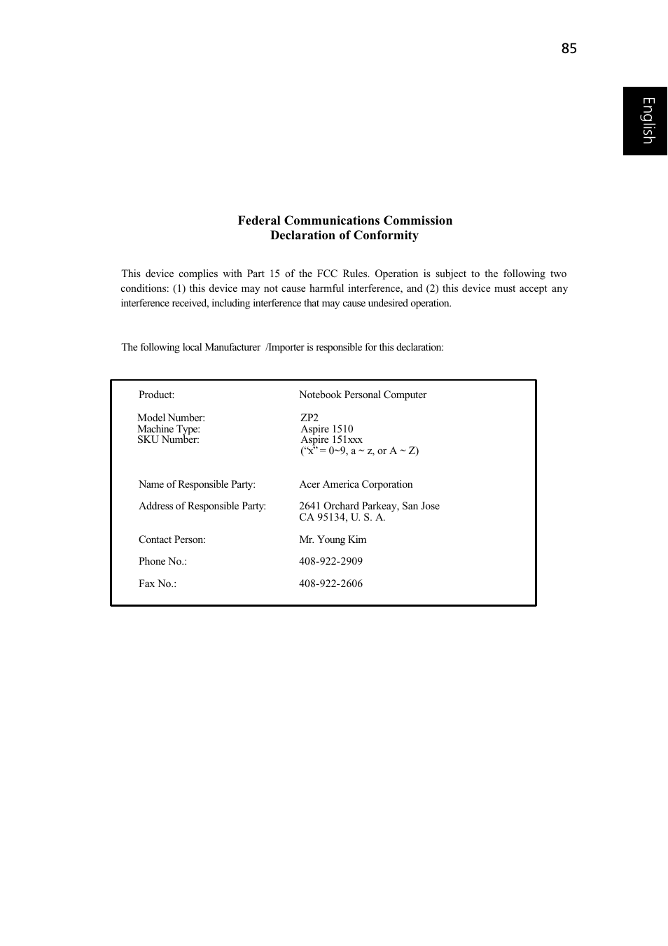 Eng lish e ngl is h | Acer 1510 Series User Manual | Page 95 / 99