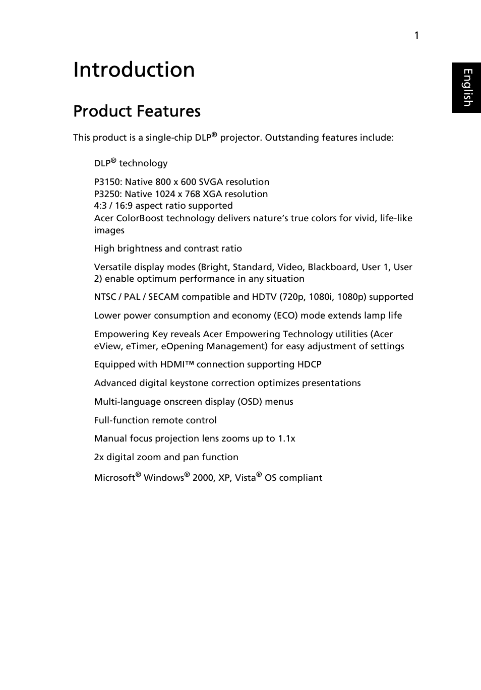 Introduction, Product features | Acer P3250 Series User Manual | Page 13 / 53