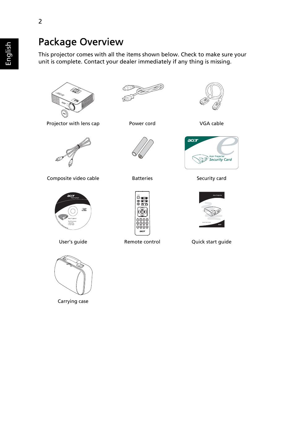 Package overview, English | Acer P3250 Series User Manual | Page 14 / 53