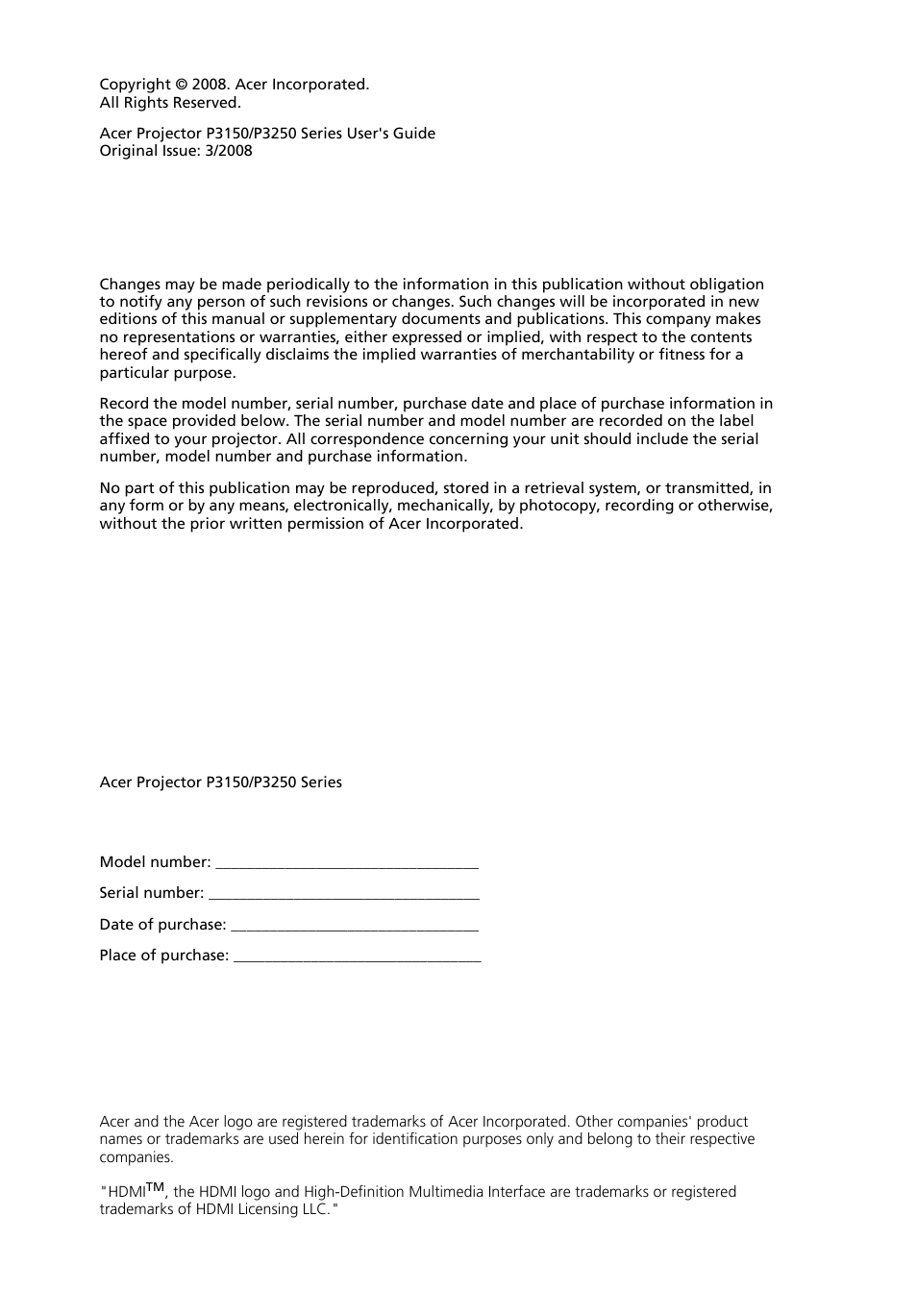 Acer P3250 Series User Manual | Page 2 / 53