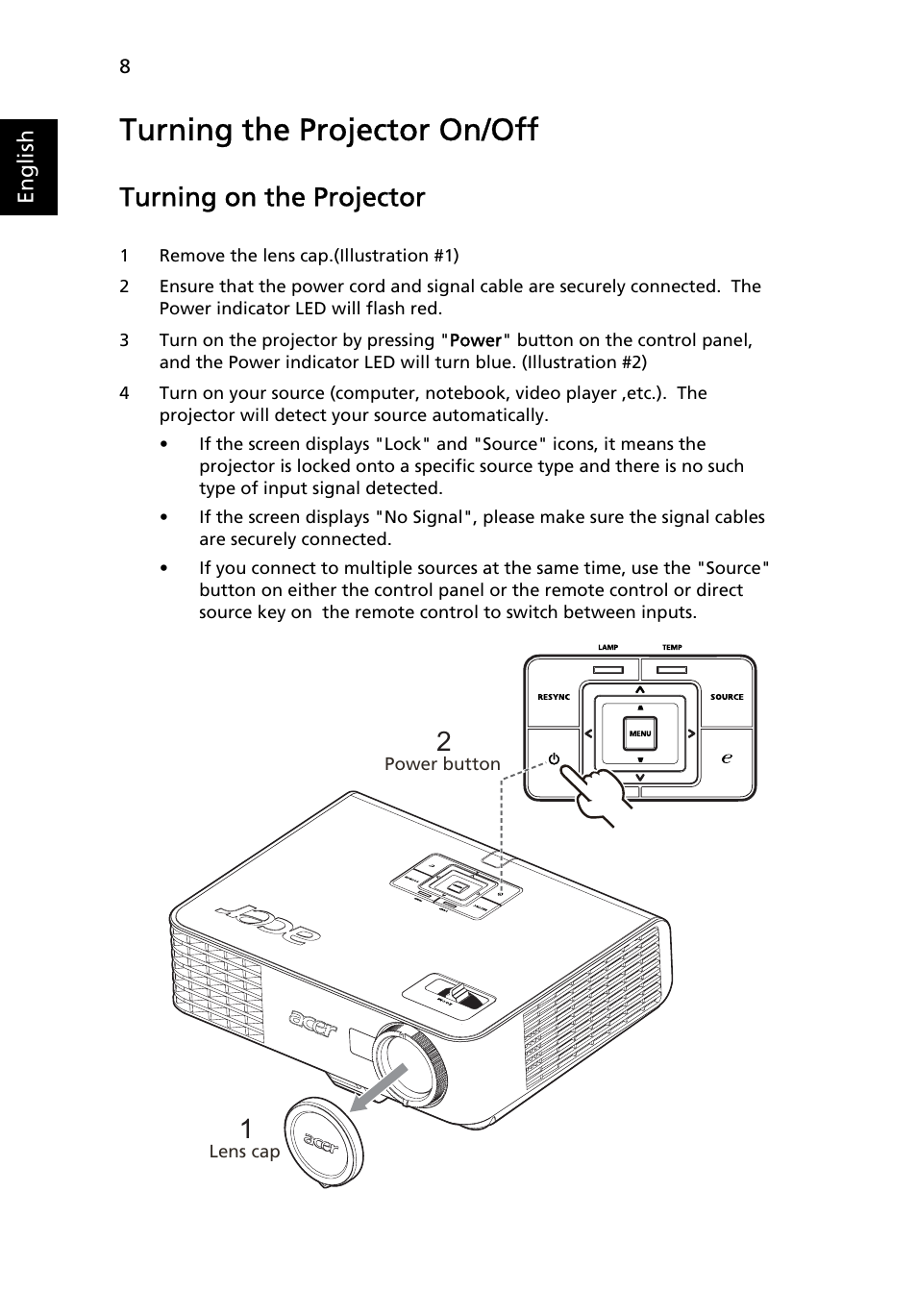 Turning the projector on/off, Turning on the projector | Acer P3250 Series User Manual | Page 20 / 53