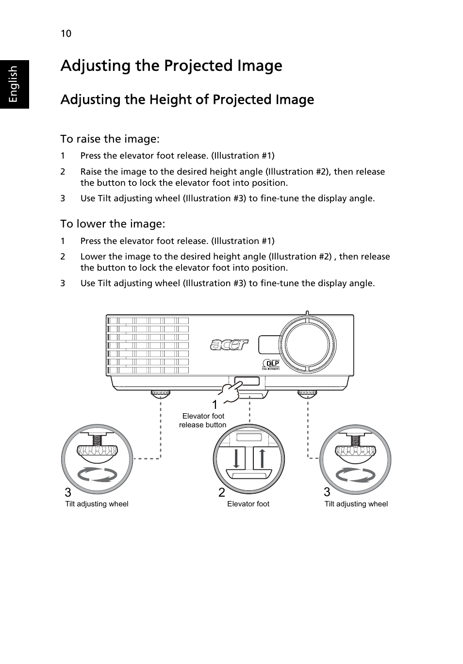 Adjusting the projected image, Adjusting the height of projected image | Acer P3250 Series User Manual | Page 22 / 53