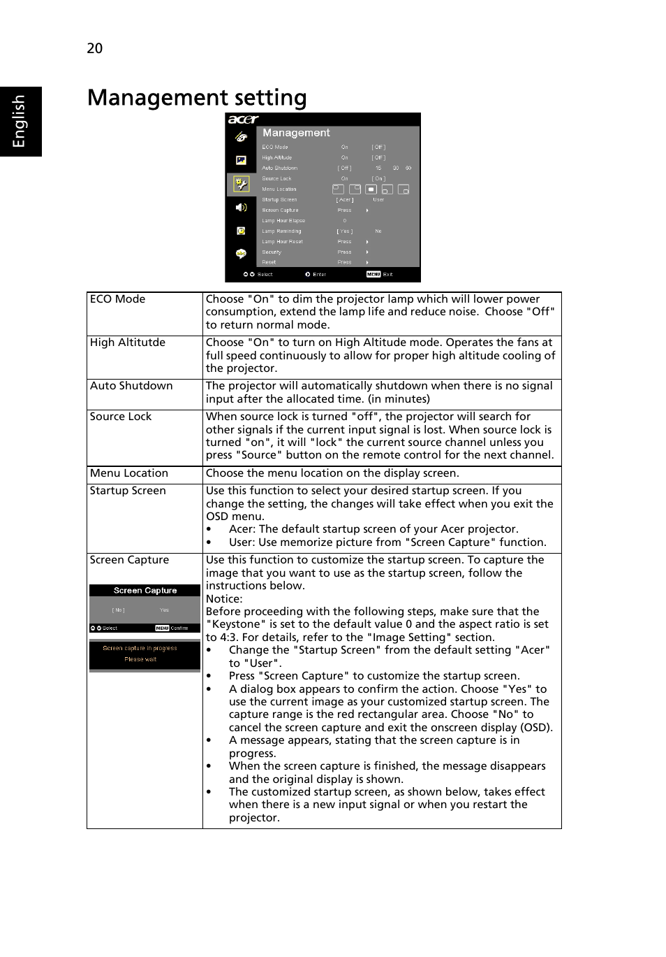 Management setting, English | Acer P3250 Series User Manual | Page 32 / 53